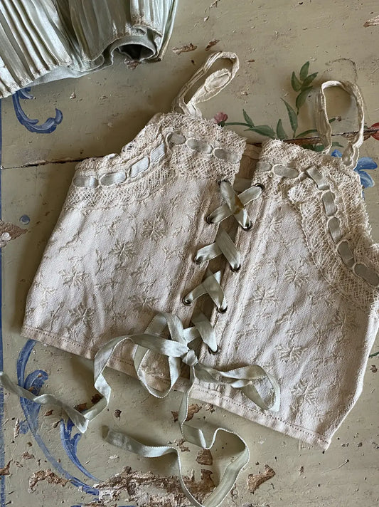 Antique Doll Corset Blue Silk Ribbon Lace Trim