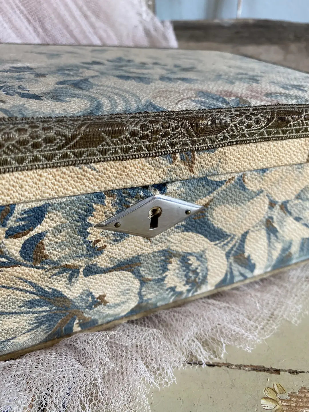 Antique French Fabric Box Blue Roses