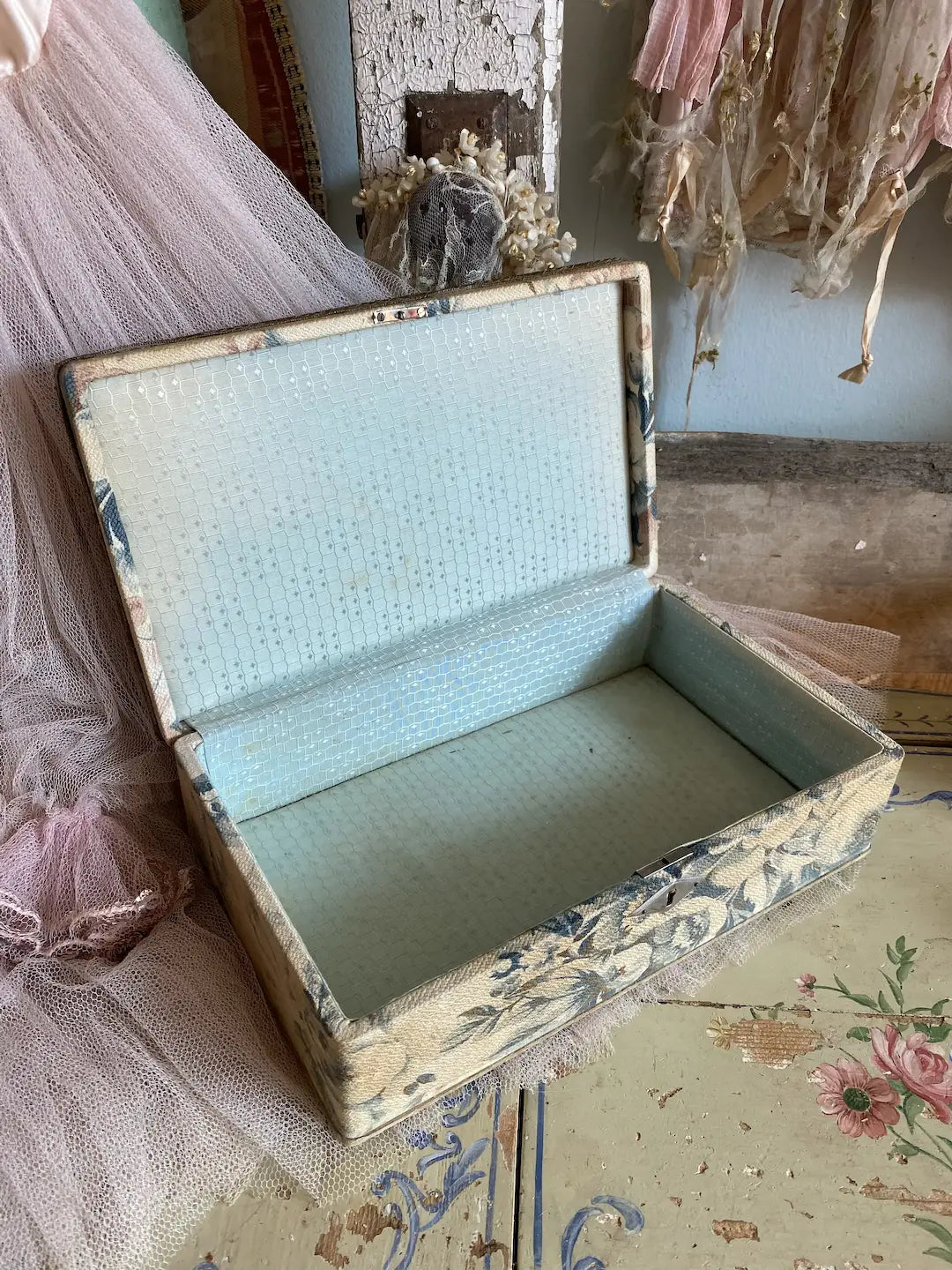 Antique French Fabric Box Blue Roses