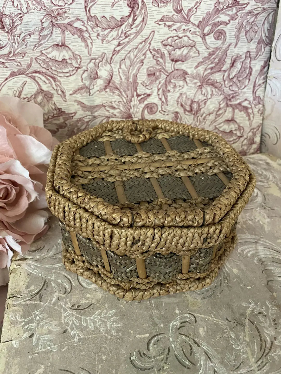 Antique Sewing Basket Wicker Blue Silk