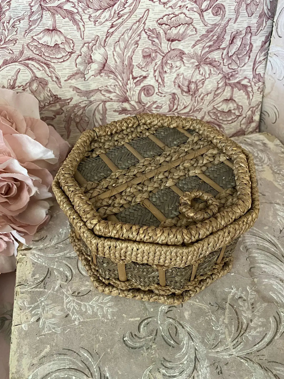 Antique Sewing Basket Wicker Blue Silk