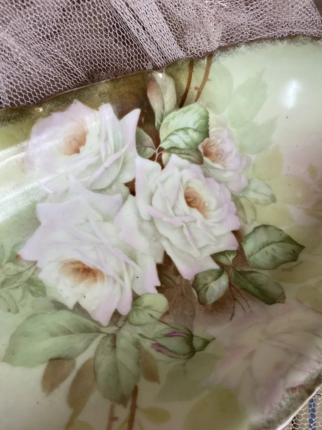 Antique Hand Painted White Roses Tray Dish