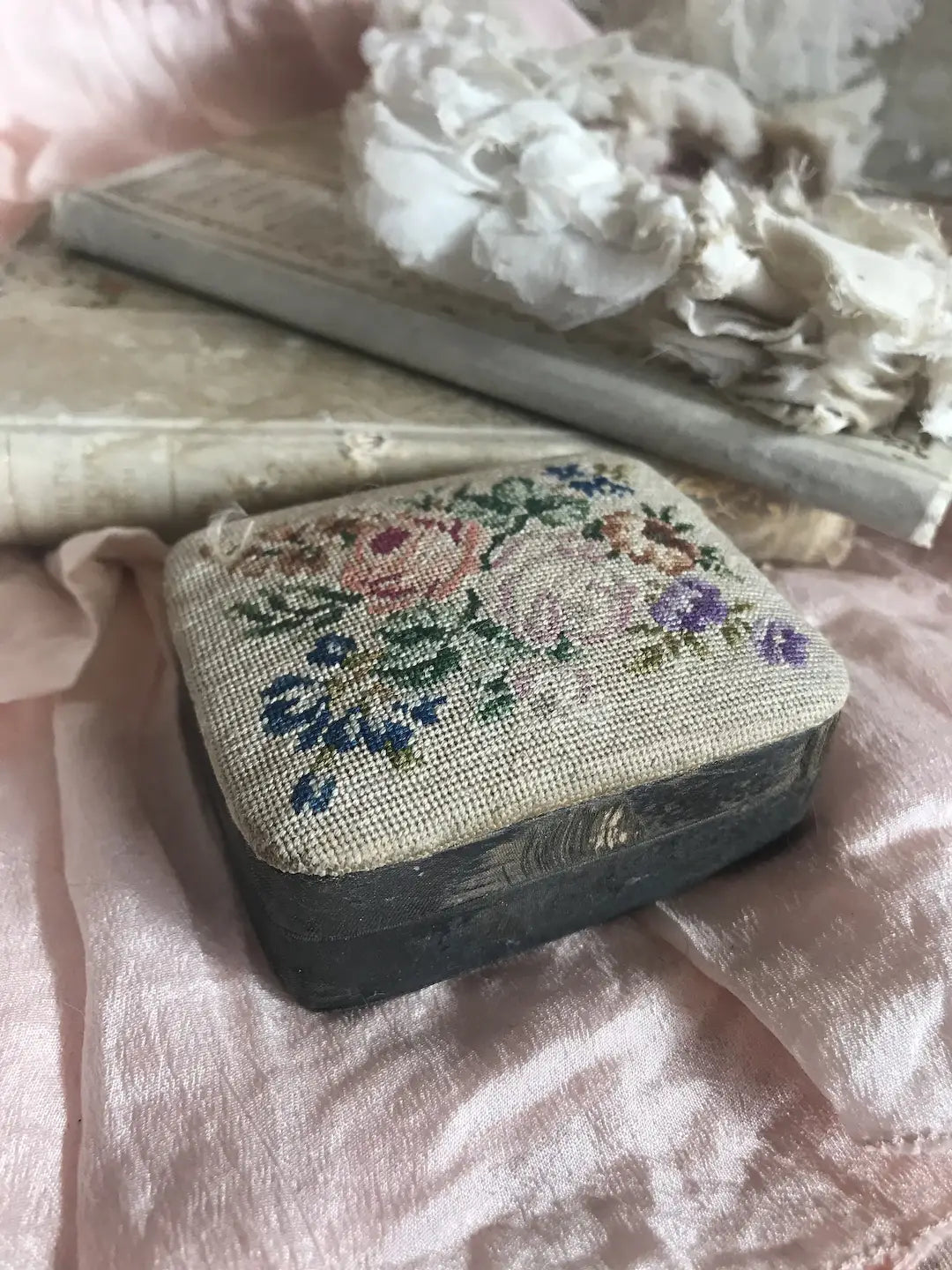 Antique Embroidered Floral Box