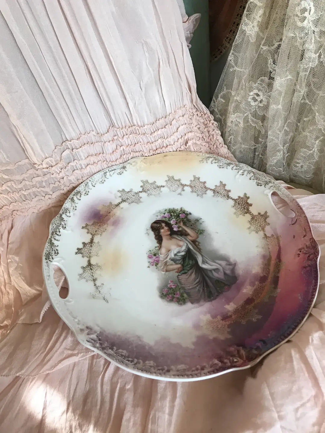 Antique Portrait Plate Pink Roses