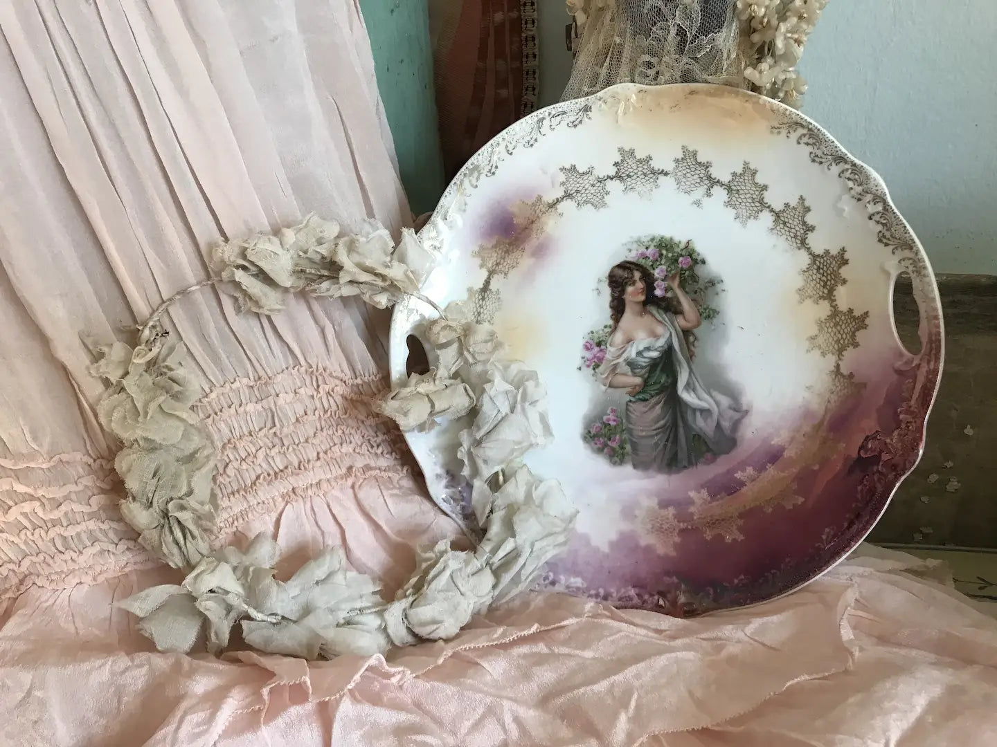 Antique Portrait Plate Pink Roses