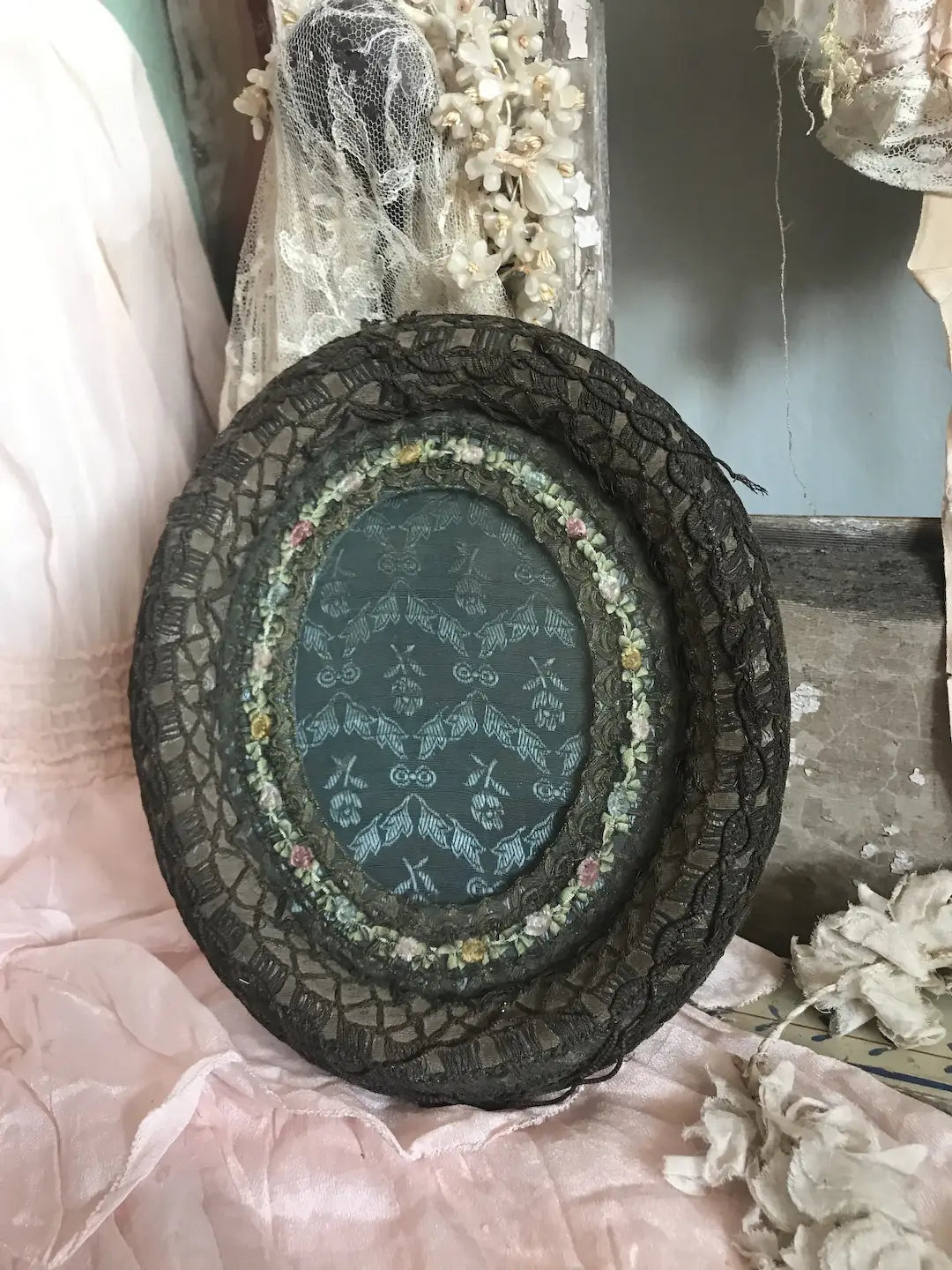 Antique Vintage Boudoir Ribbonwork Frame Blue