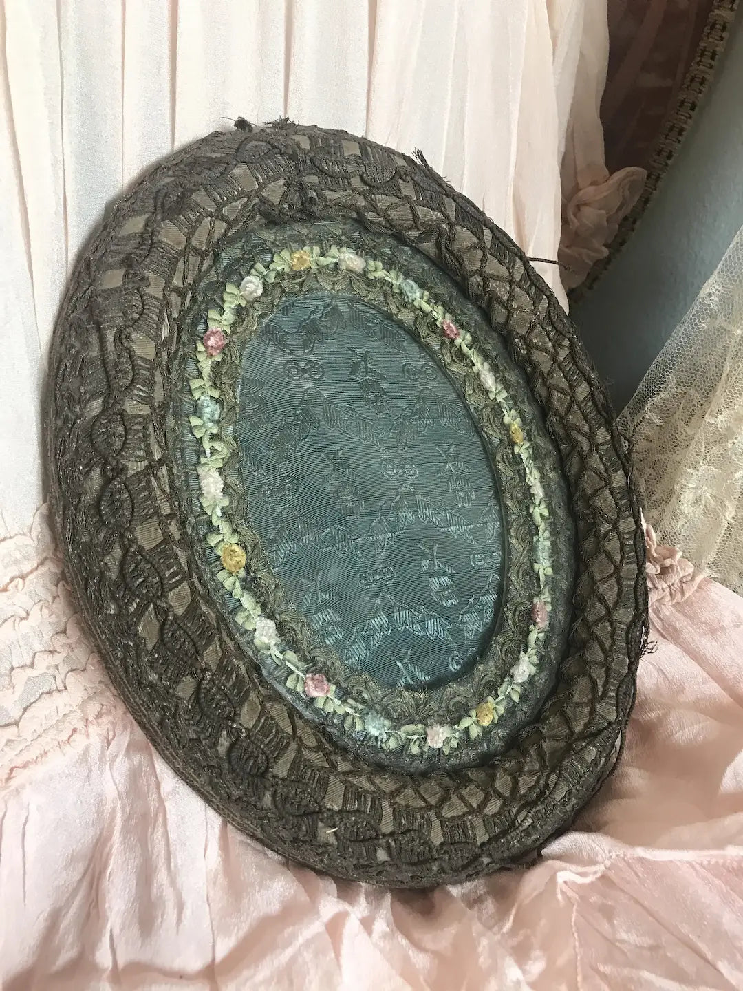Antique Vintage Boudoir Ribbonwork Frame Blue