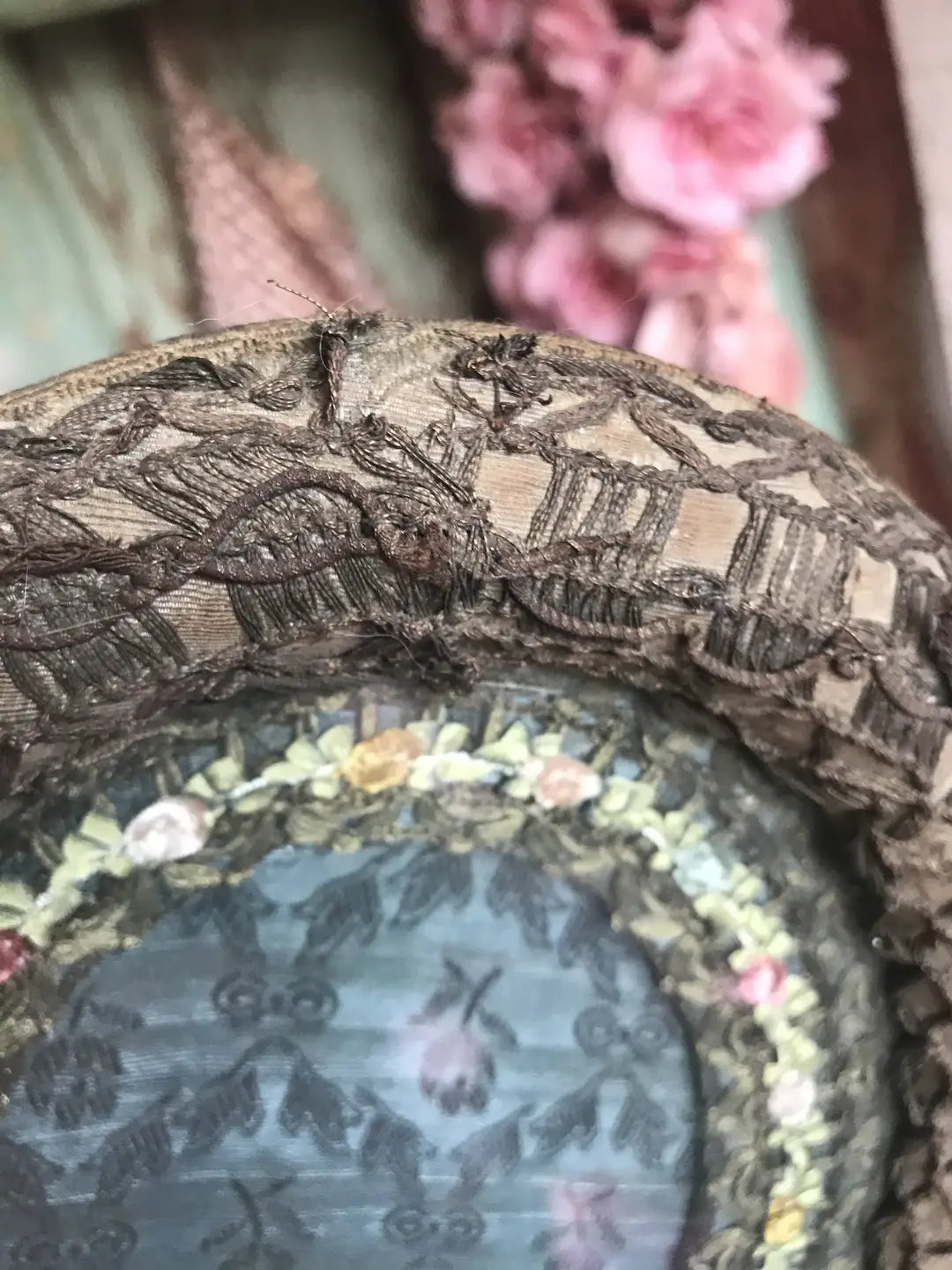 Antique Vintage Boudoir Ribbonwork Frame Blue