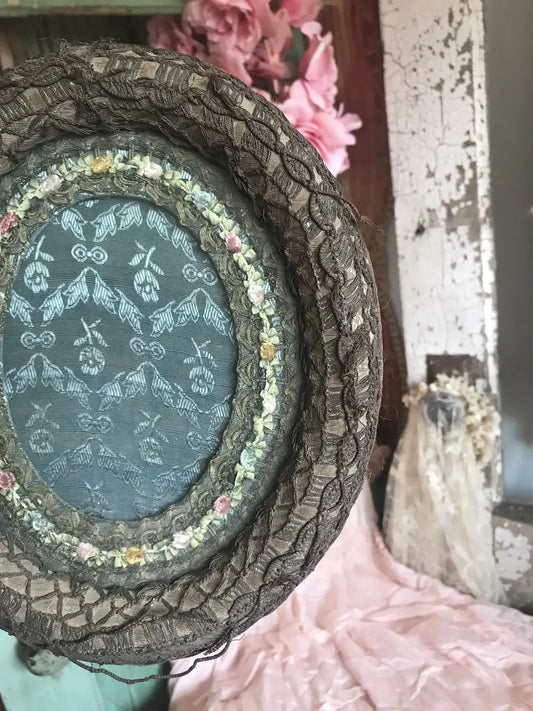 Antique Vintage Boudoir Ribbonwork Frame Blue