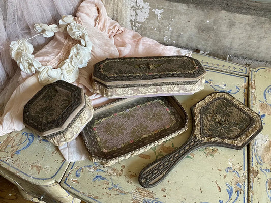 Antique Ribbonwork Lace Vanity Set Box Mirror