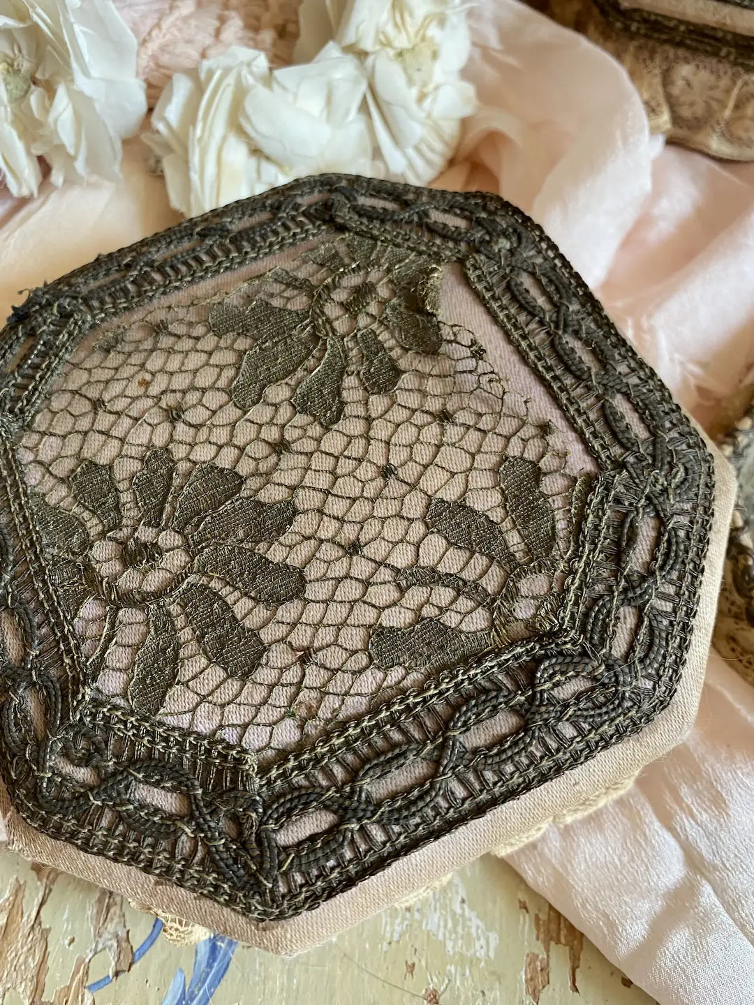Antique Ribbonwork Lace Vanity Set Box Mirror