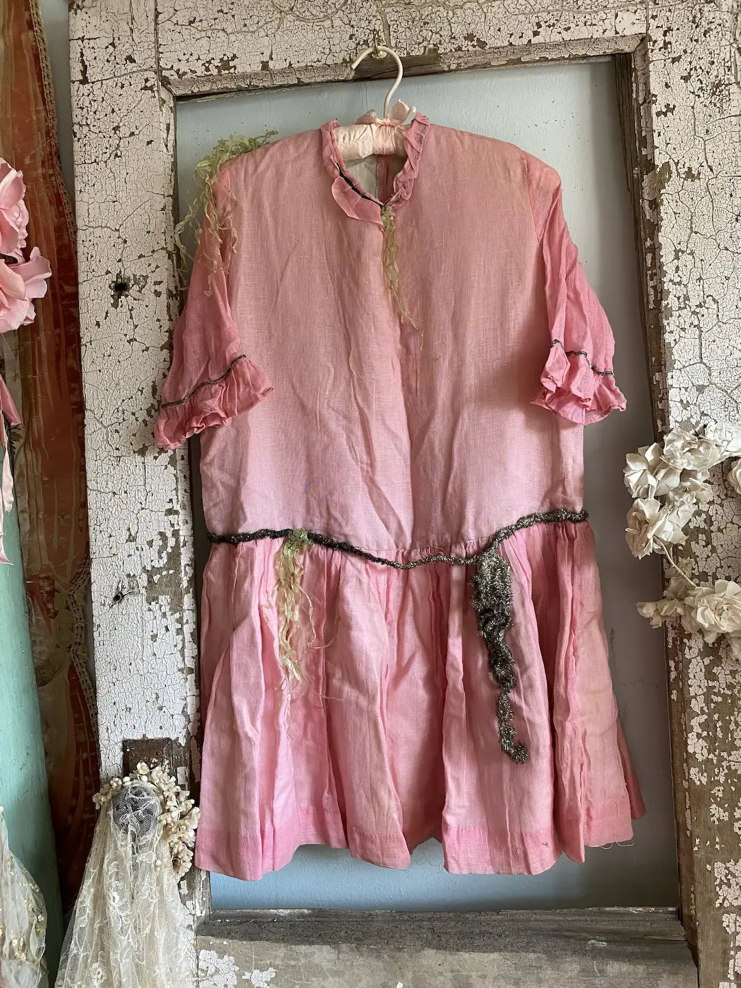 Antique Costume Gauze Cotton Pink Crepe Paper Tinsel
