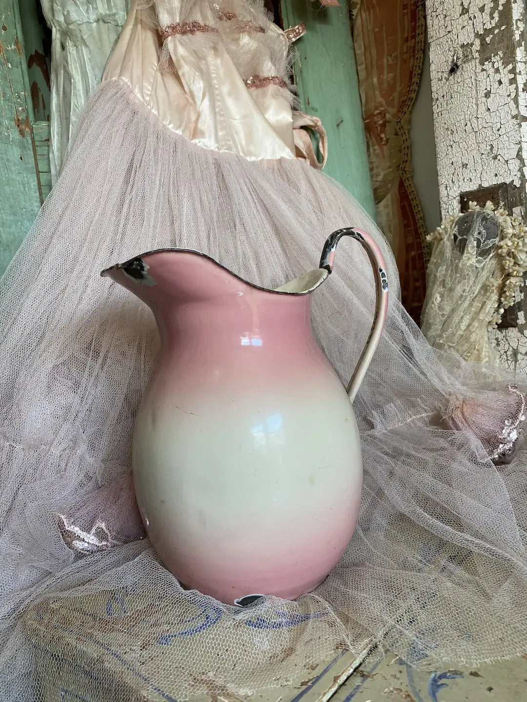 Antique FRENCH Enamel Vase Pitcher Pink