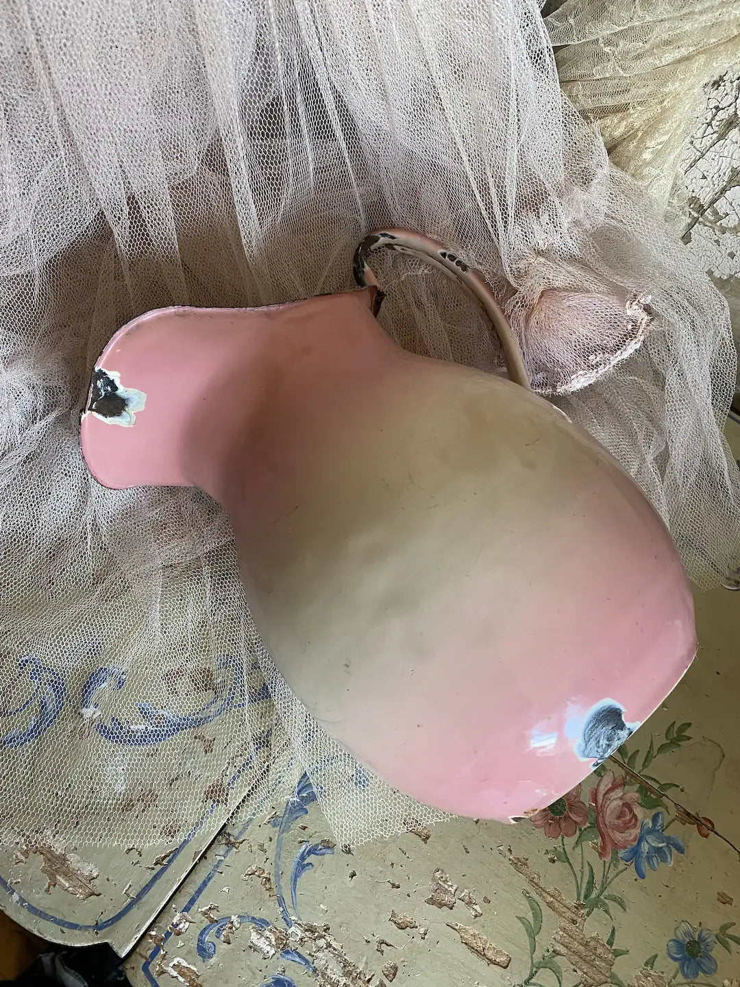 Antique FRENCH Enamel Vase Pitcher Pink