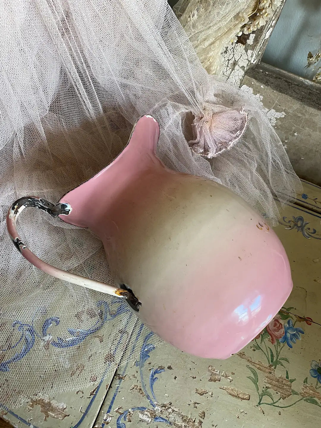 Antique FRENCH Enamel Vase Pitcher Pink