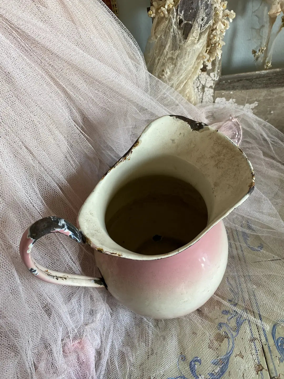 Antique FRENCH Enamel Vase Pitcher Pink