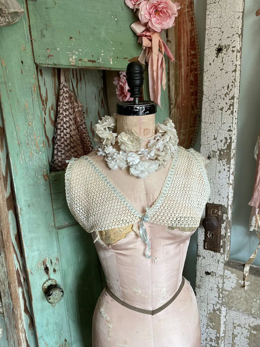 Antique Crochet Lace & Baby Blue Ribbon Camisole Bra