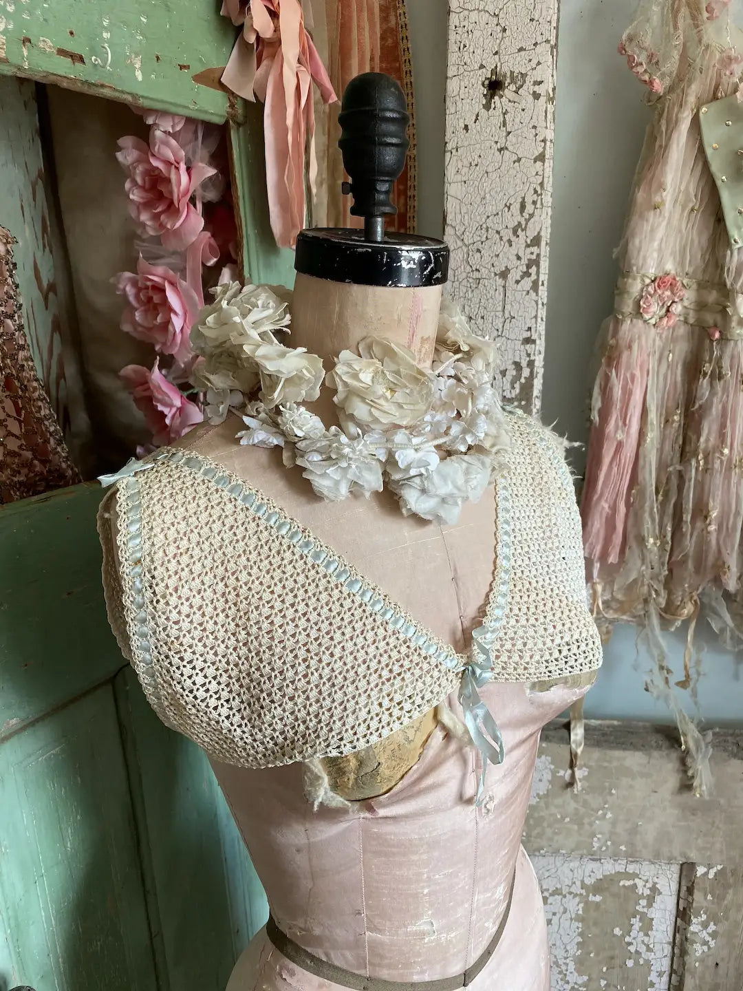 Antique Crochet Lace & Baby Blue Ribbon Camisole Bra