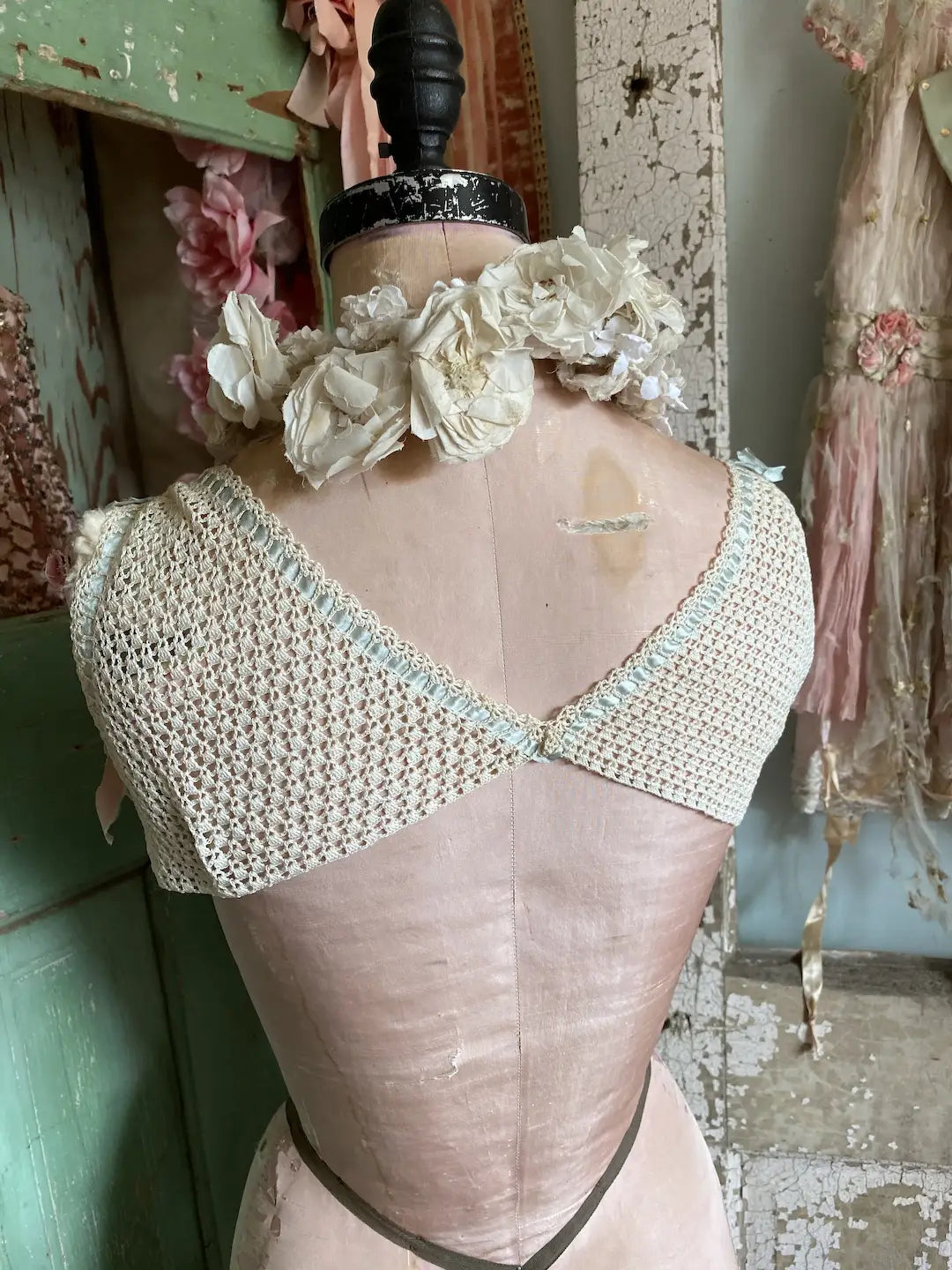 Antique Crochet Lace & Baby Blue Ribbon Camisole Bra