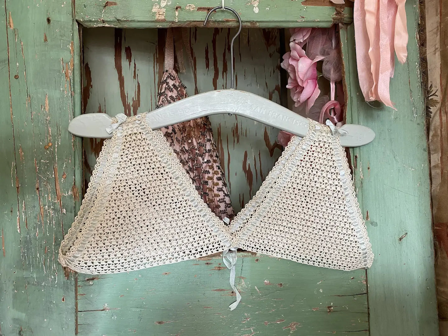 Antique Crochet Lace & Baby Blue Ribbon Camisole Bra