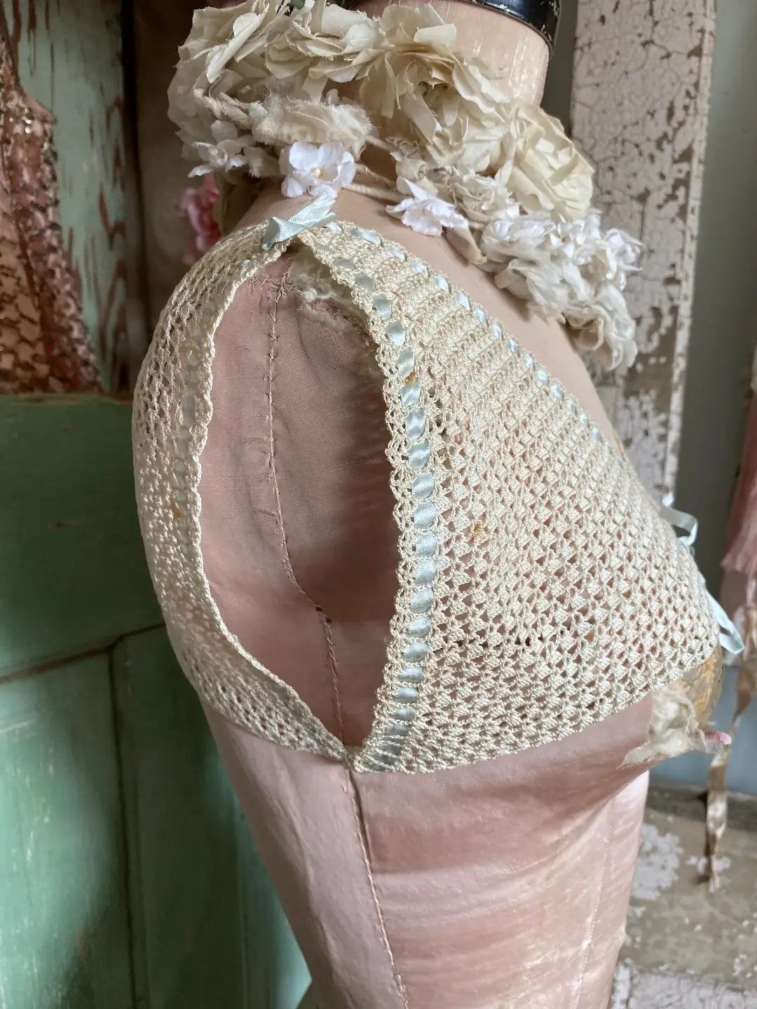 Antique Crochet Lace & Baby Blue Ribbon Camisole Bra