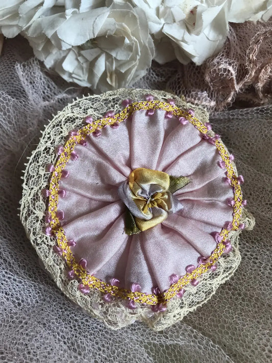 Antique Vintage Ribbonwork Powder Puff Box
