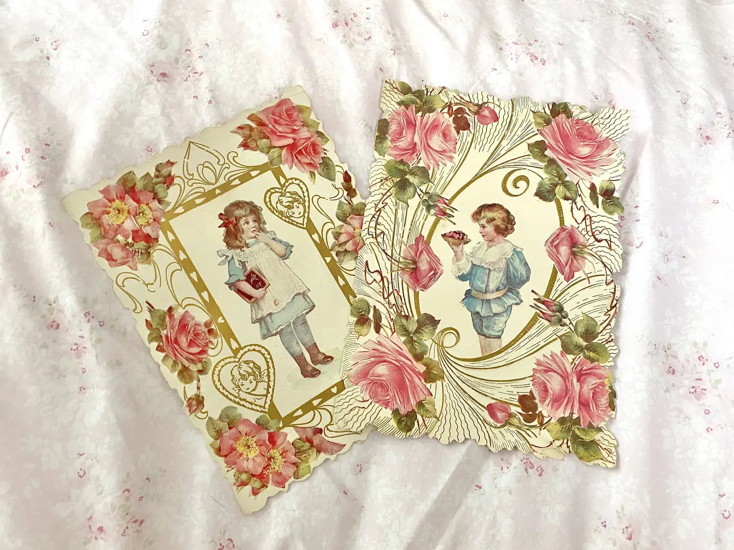 2 Antique Love Card Valentine Pink Roses