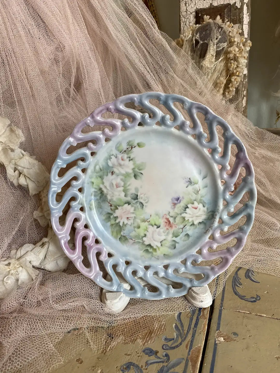 Antique Plate Pastel Pink Blue Shabby Chic Roses