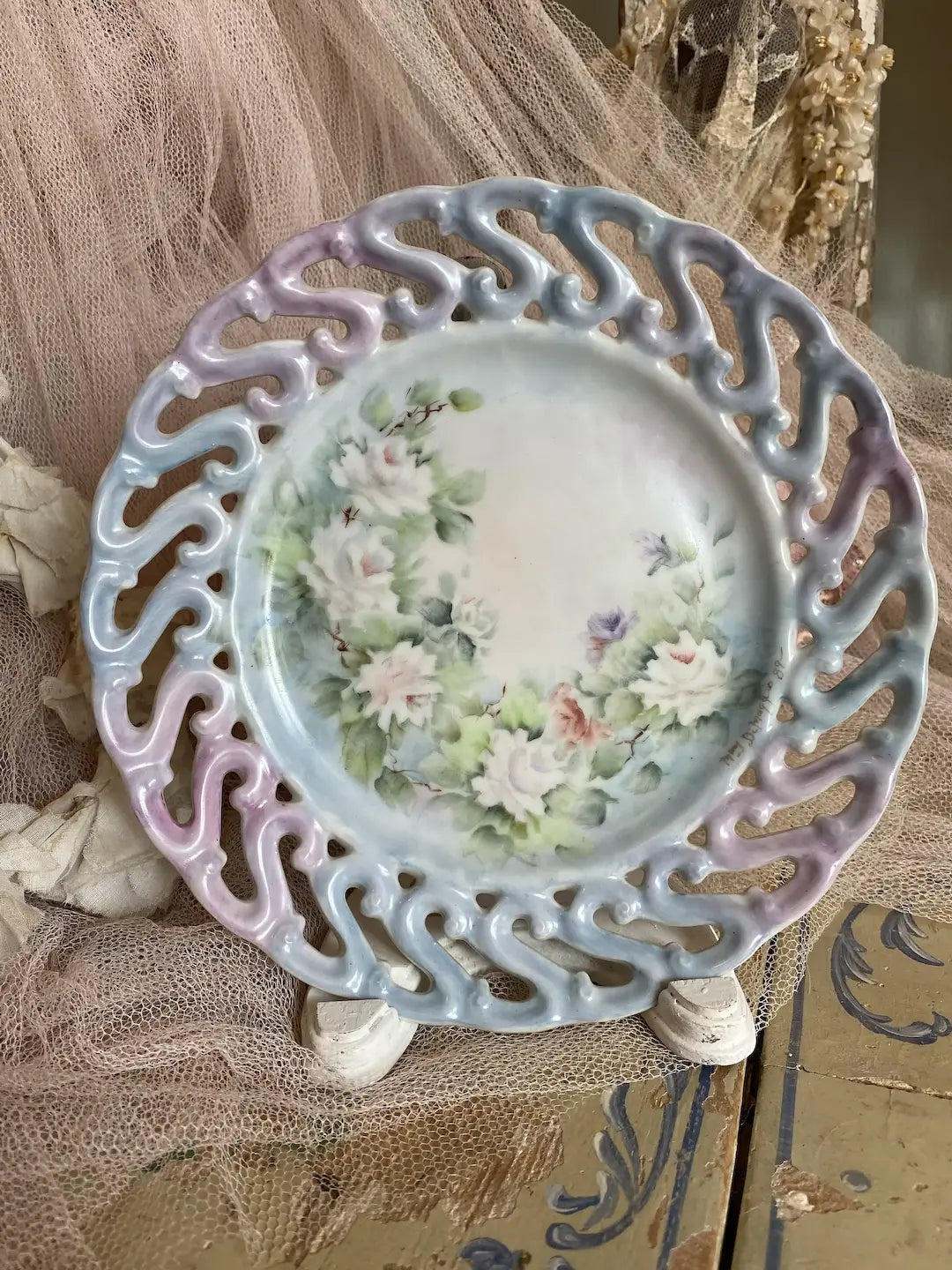 Antique Plate Pastel Pink Blue Shabby Chic Roses