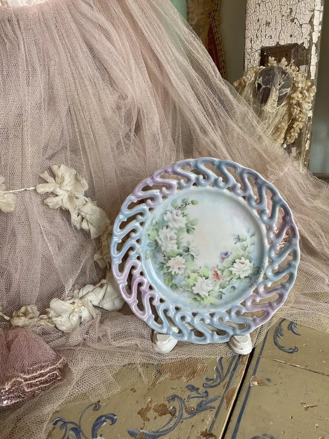 Antique Plate Pastel Pink Blue Shabby Chic Roses