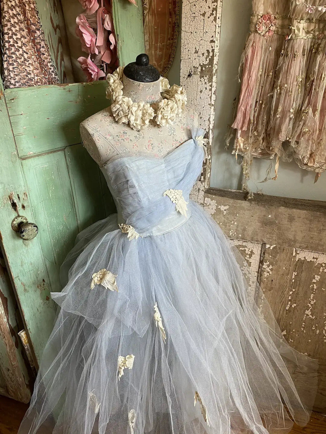 Vintage Blue Tulle Lace Prom Dress