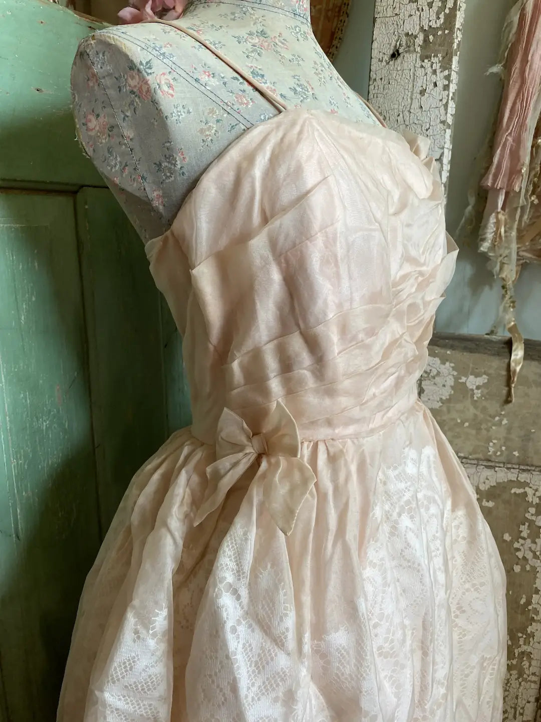 Vintage Pink Ghost Lace Organdy Prom Dress