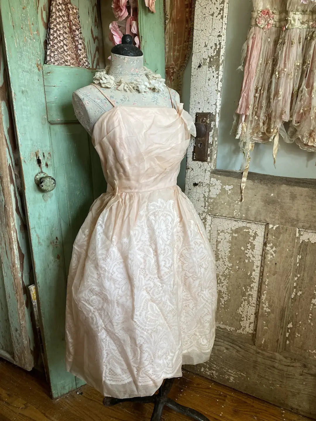 Vintage Pink Ghost Lace Organdy Prom Dress