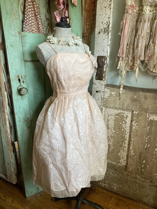 Vintage Pink Ghost Lace Organdy Prom Dress