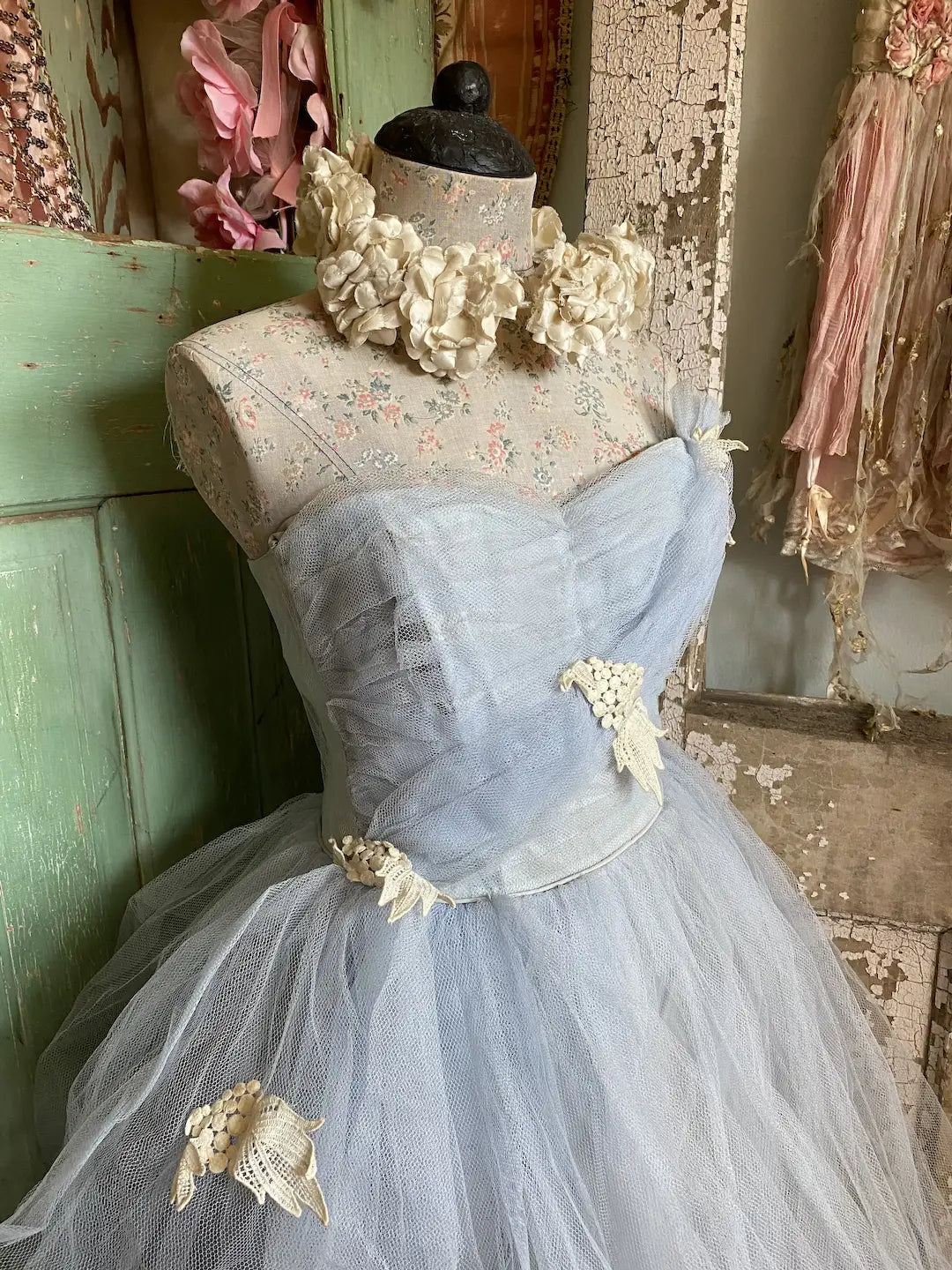 Vintage Blue Tulle Lace Prom Dress