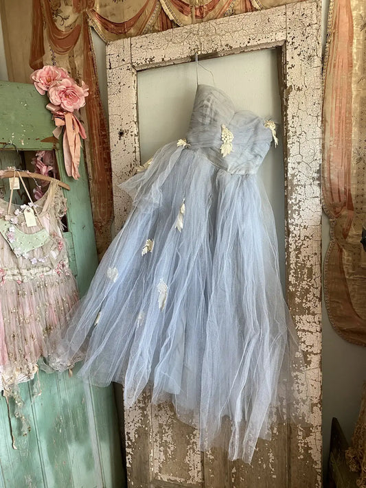Vintage Blue Tulle Lace Prom Dress