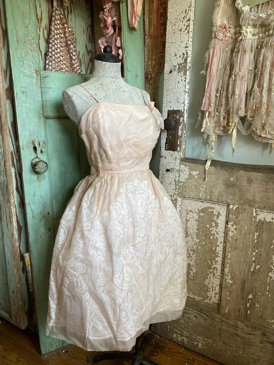 Vintage Pink Ghost Lace Organdy Prom Dress