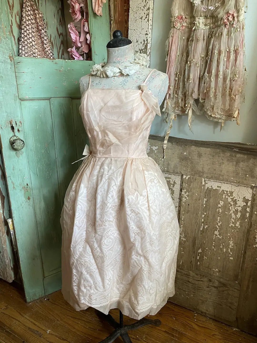 Vintage Pink Ghost Lace Organdy Prom Dress