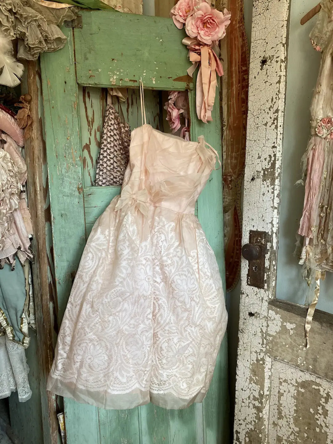 Vintage Pink Ghost Lace Organdy Prom Dress