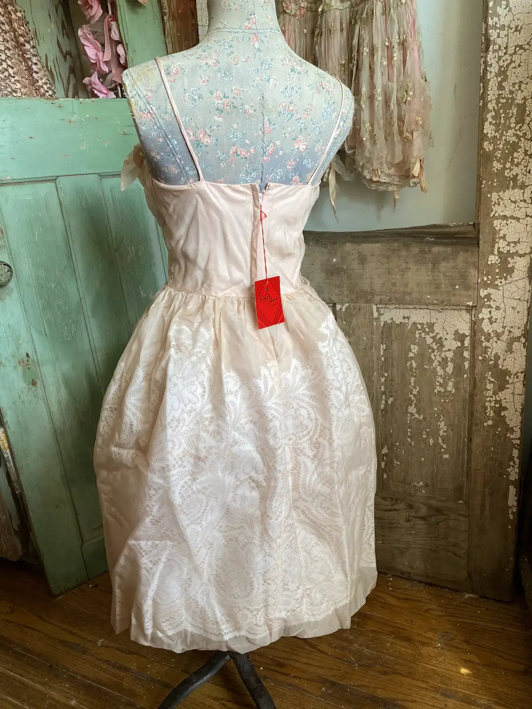 Vintage Pink Ghost Lace Organdy Prom Dress