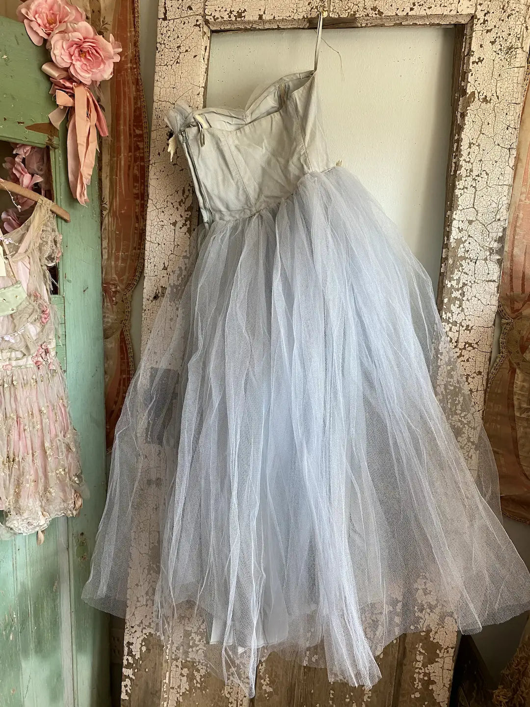 Vintage Blue Tulle Lace Prom Dress