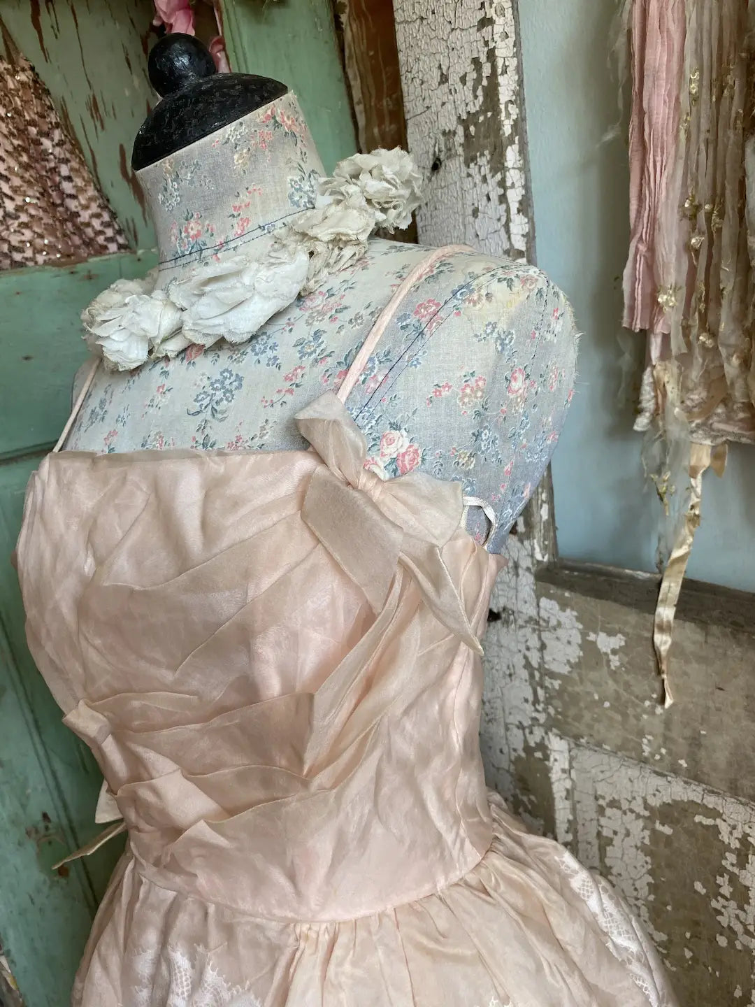 Vintage Pink Ghost Lace Organdy Prom Dress