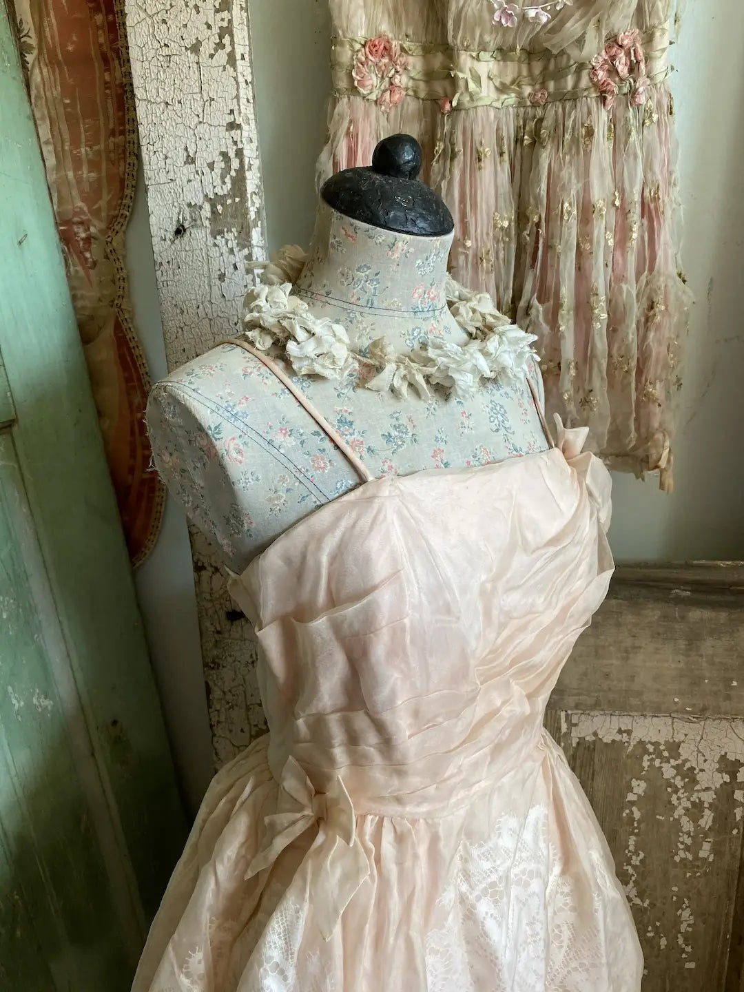 Vintage Pink Ghost Lace Organdy Prom Dress