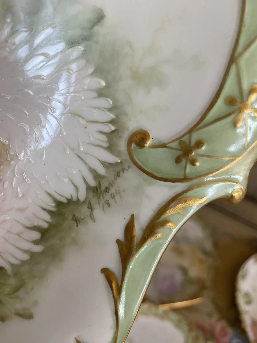 Antique Limoges 5pc Shell Plates Pastel Flowers Gilt SIGNED 1894