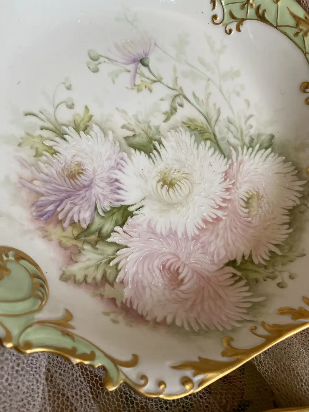 Antique Limoges 5pc Shell Plates Pastel Flowers Gilt SIGNED 1894