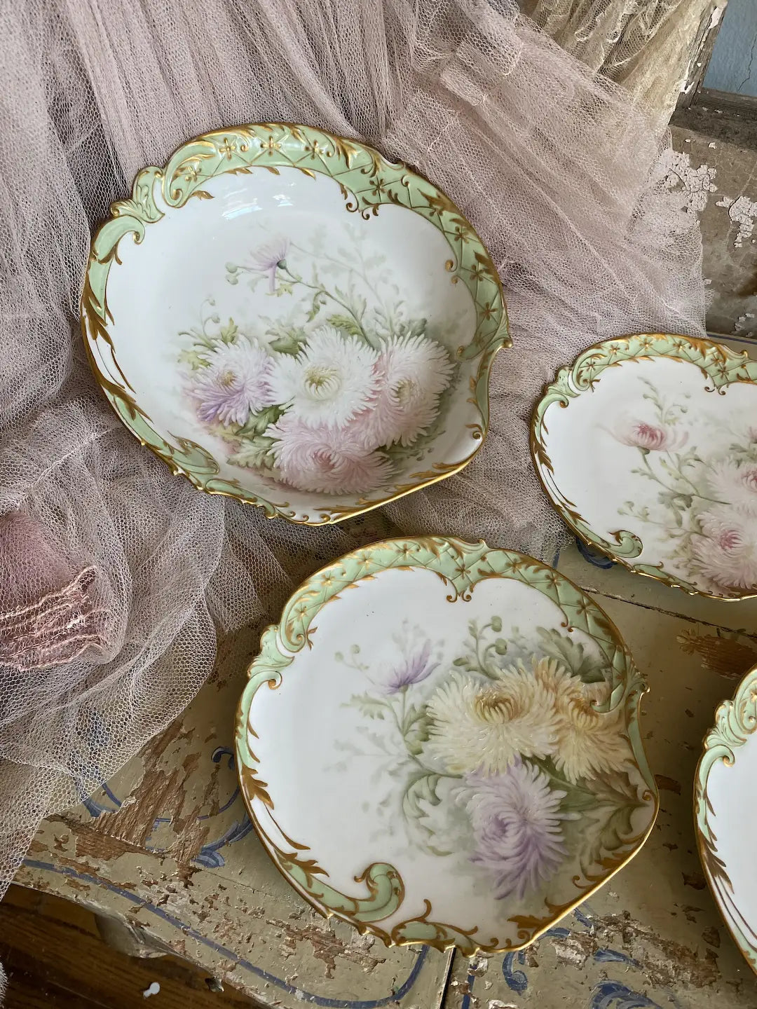 Antique Limoges 5pc Shell Plates Pastel Flowers Gilt SIGNED 1894