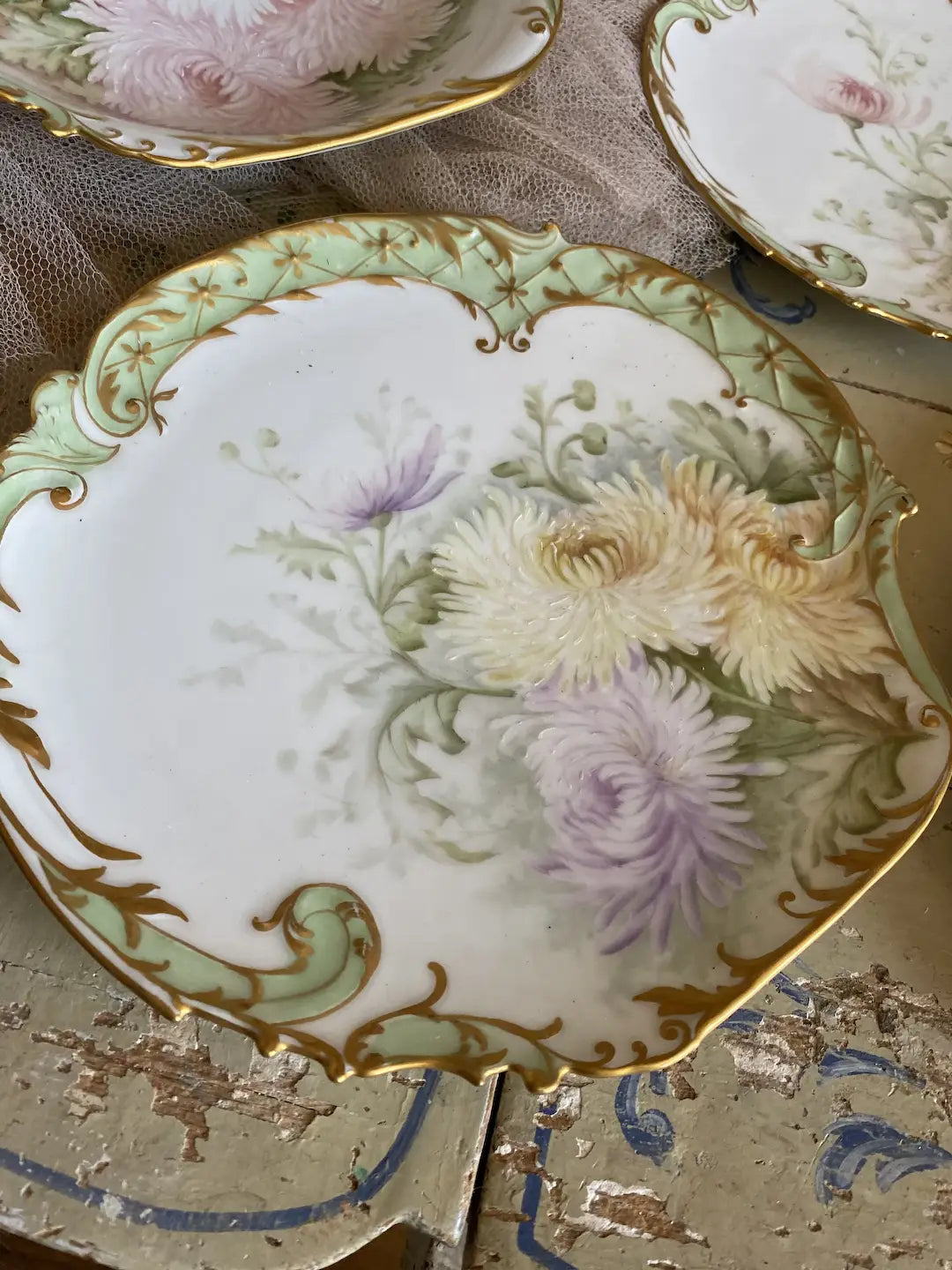 Antique Limoges 5pc Shell Plates Pastel Flowers Gilt SIGNED 1894