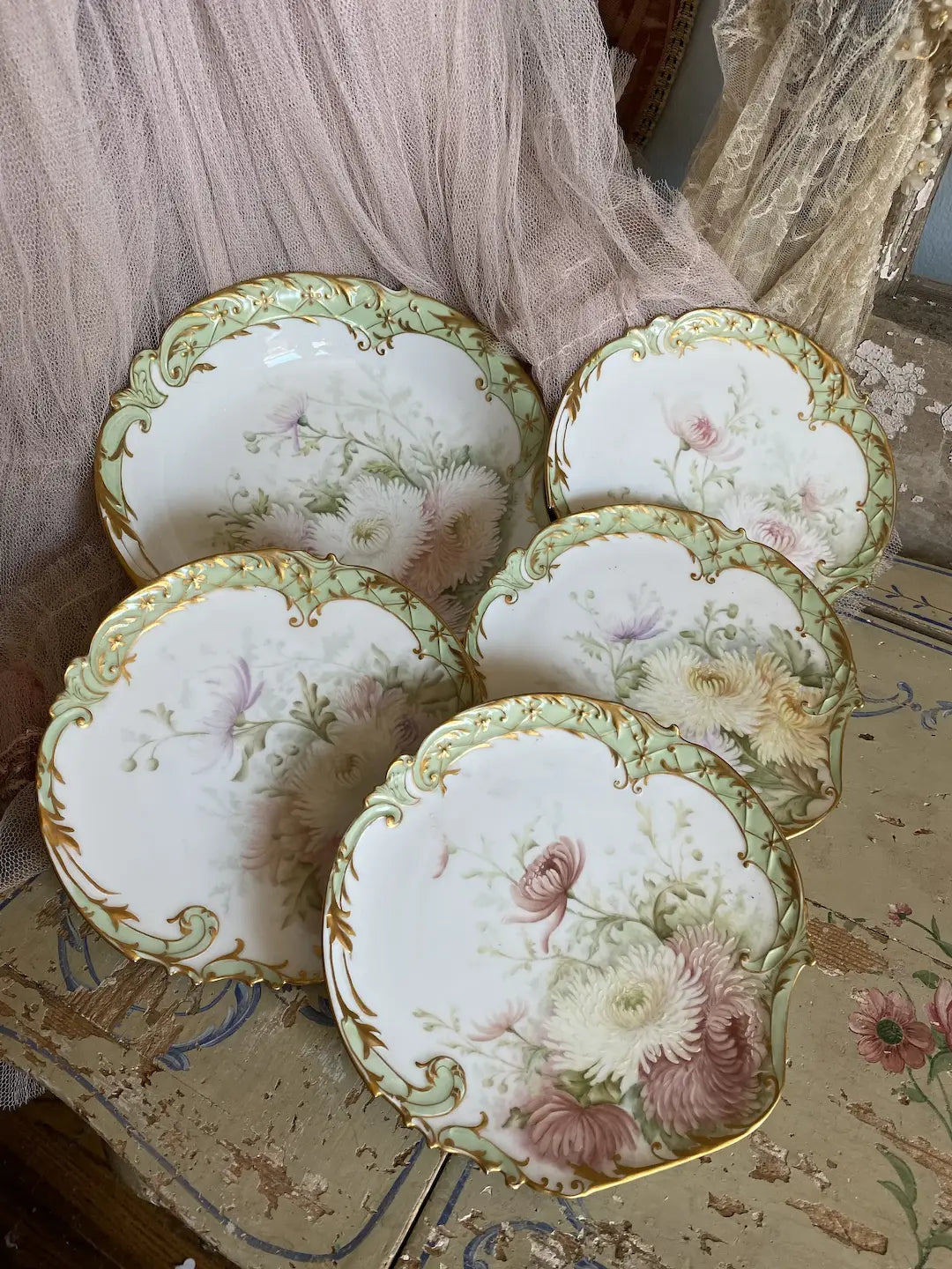 Antique Limoges 5pc Shell Plates Pastel Flowers Gilt SIGNED 1894