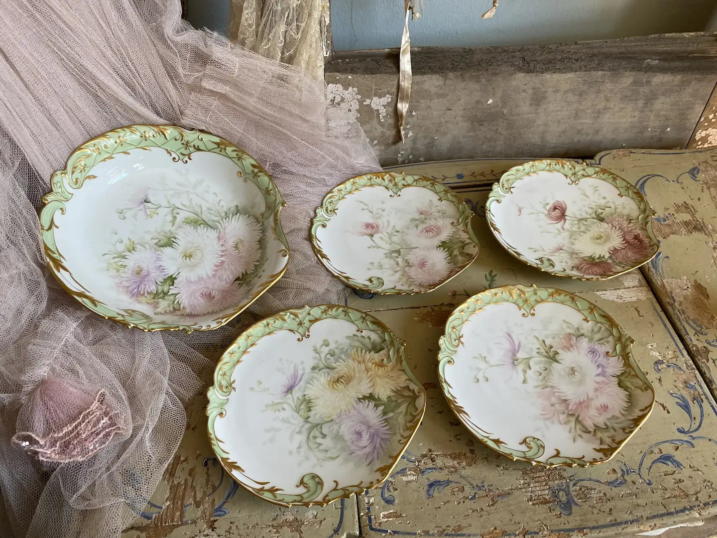 Antique Limoges 5pc Shell Plates Pastel Flowers Gilt SIGNED 1894