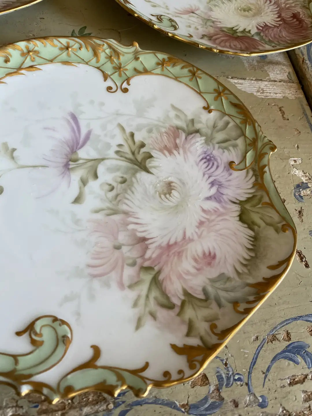 Antique Limoges 5pc Shell Plates Pastel Flowers Gilt SIGNED 1894